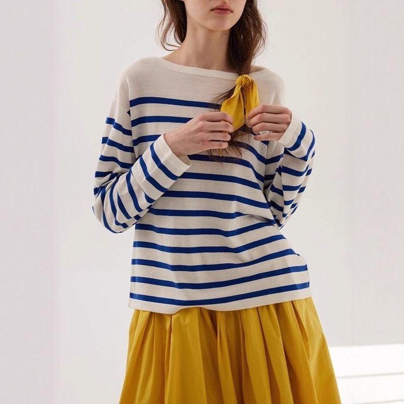 Sullenger Navy Boat Neck Tencel Wool Long Sleeve Sweater Women's Autumn Easiest for Match Blue Striped Top