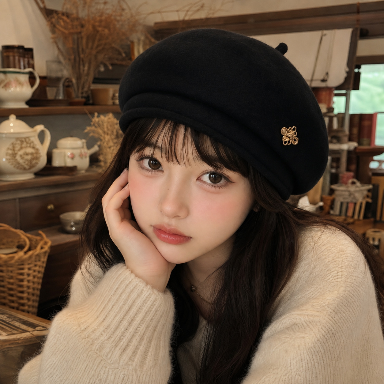 여성 양모 베레모 중국 매듭 장식 가을 겨울 방풍 보온 화가 모자