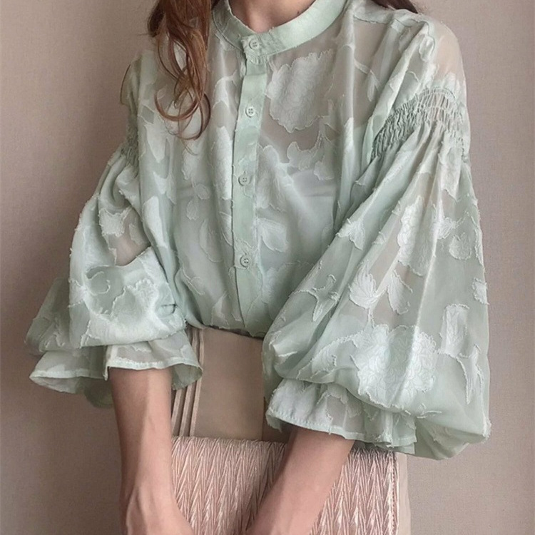 Japanese Rakuten Summer New Flower Jacquard Lantern Sleeve Transparent Shirt
