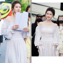 赵露思同款甜美一字肩长袖连衣裙女2025高级感气质打揽修身长裙子