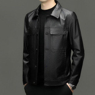 Bg-H5801 Spring and Autumn Haining Men's First Layer Cowhide Genuine Leather Jacket Men's Lapel Slim Casual Jacket
