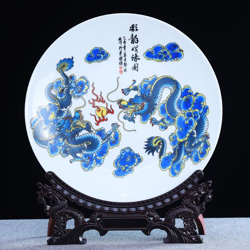 JINGDEZHEN 세라믹 장식 앉아 플레이트 장식품 중국 스타일 파스텔 공예 보석 집 거실 복도 장식 교수형 플레이트