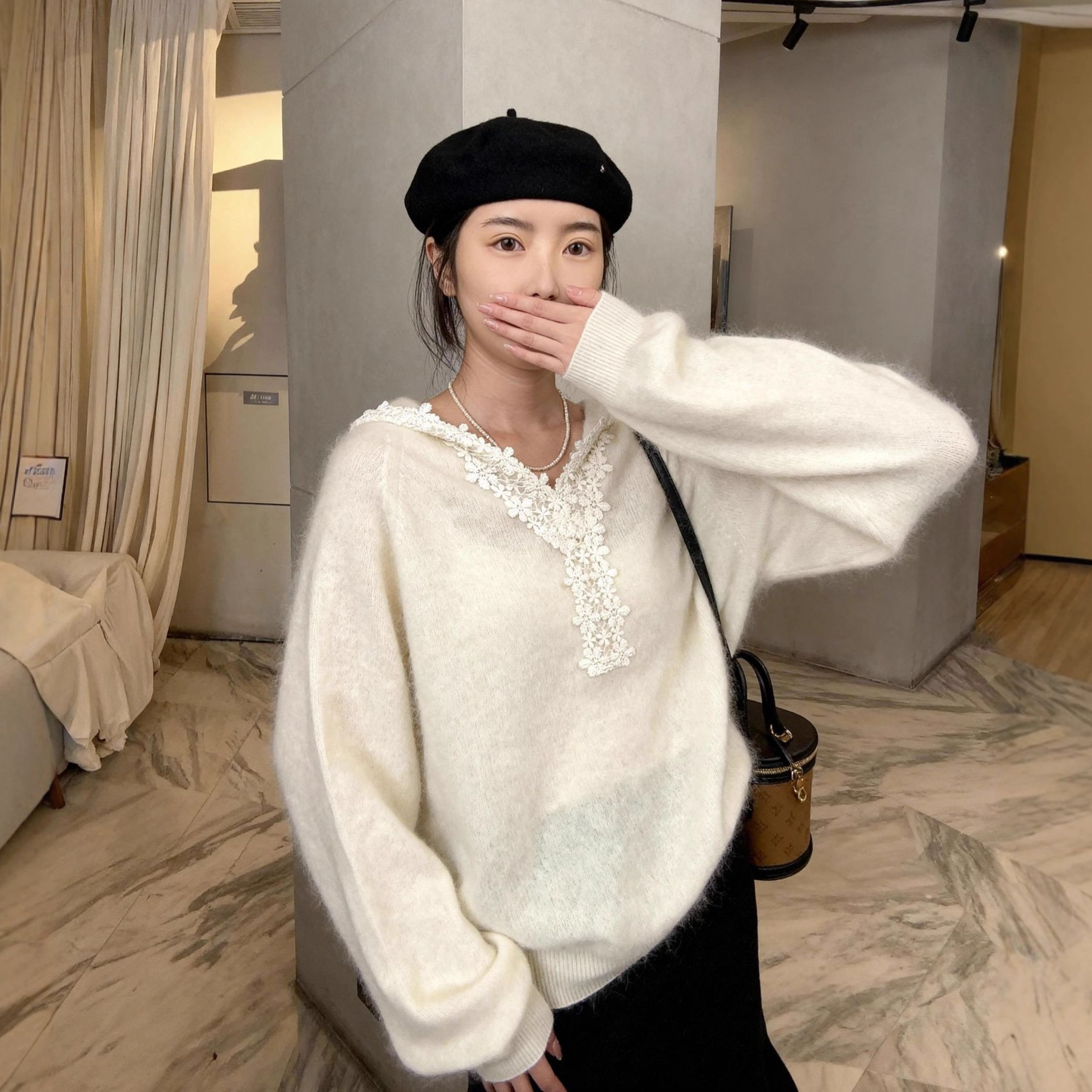 设计感甜美蕾丝拼接连帽针织衫羊毛羊绒拉毛毛衣套头拉绒毛衣帽衫