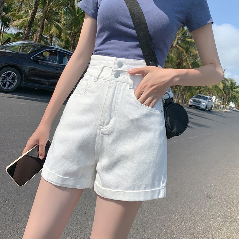 Ultra high waist Denim shorts women's straight summer new A- line double buckle loose curling wide leg outer wear hot pants ins fashion
