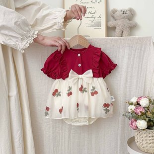 Baby Summer Thin Clothes Baby Girl Western Style Lace Bag Fat Clothes Newborn Princess Red One-piece Dress Category A
