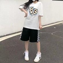 棋盘格阔腿短裤女夏季韩版宽松学生黑白格百搭休闲运动裤子ins潮