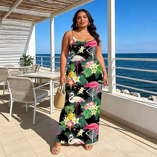2026 Hawaiian Beach Dress 3D Printed Loose Sexy Strap Vacation Summer Women's Long Dress with Pockets