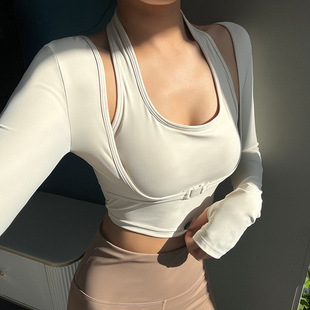 masonway Yoga Clothes with Chest Mat Women's Sexy Running Sports T-Shirt Long-Sleeved Quick-Dry Outer Fitness Clothes Top