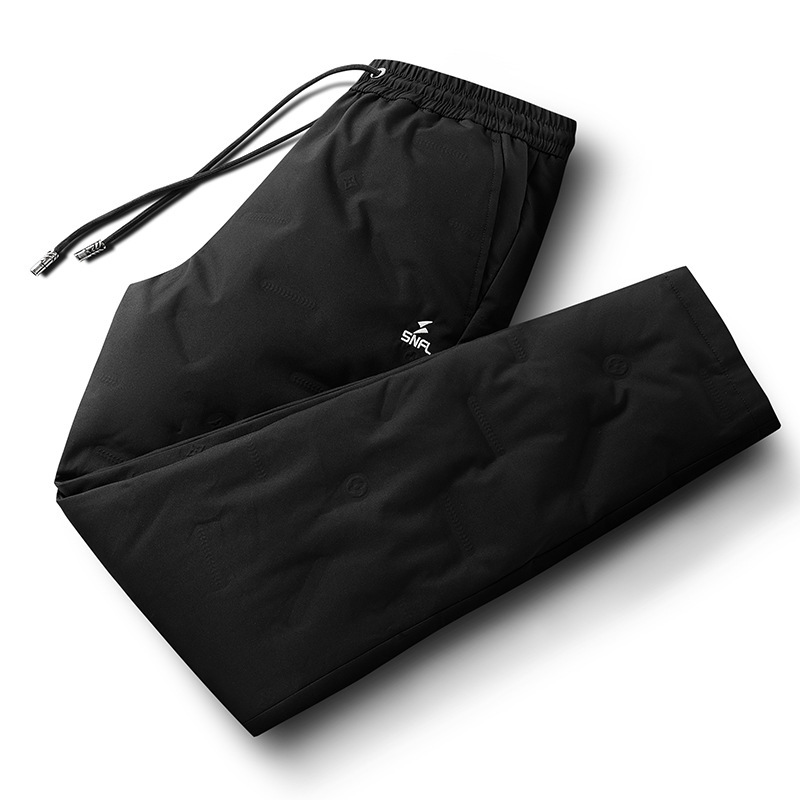 Casual down-filled trousers, classic, versatile, lightweight, warm, with slanted pockets and letter print design, suitable for business professionals.