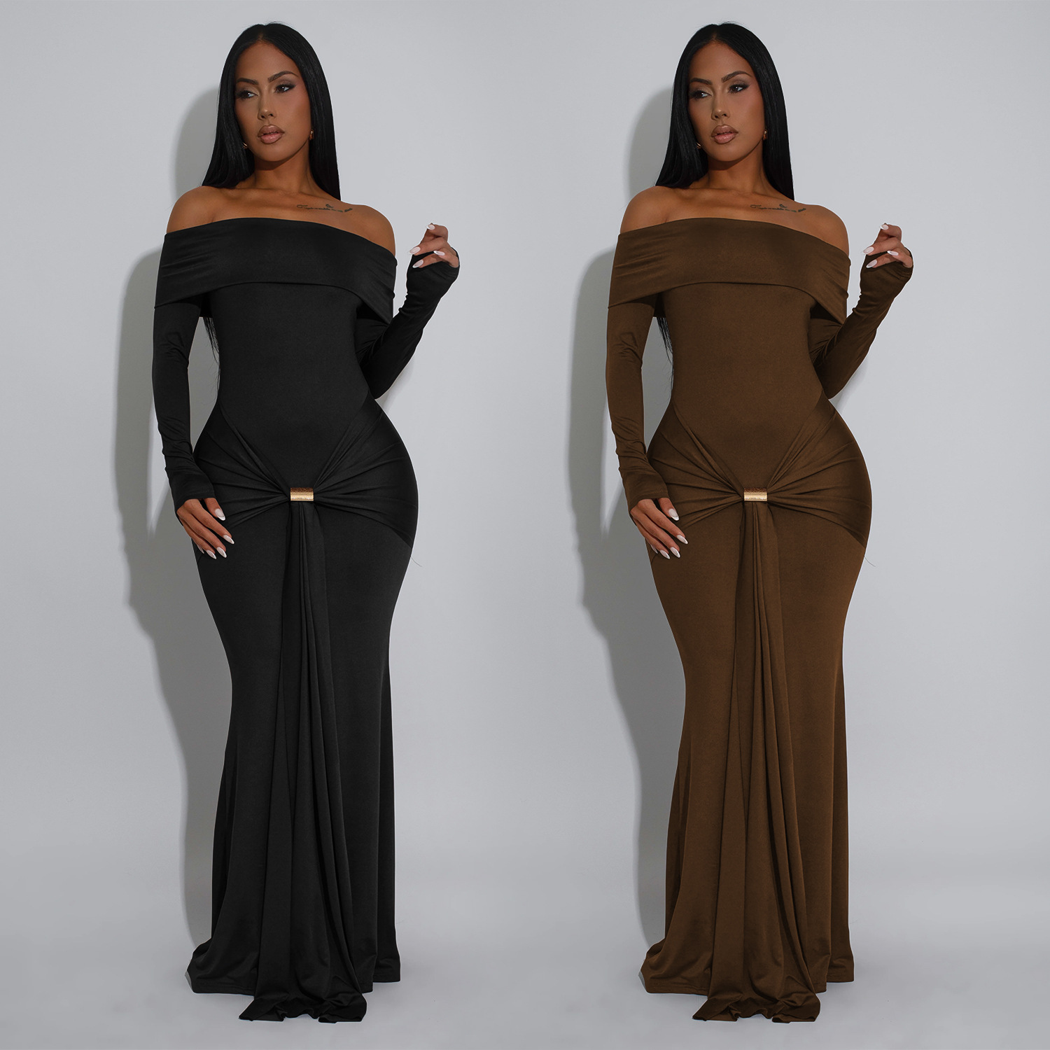 C7559 Aliexpress transfronterizo amazon ropa de moda europea y americana de hombro larga manga hebilla de metal vestido de cola de pez