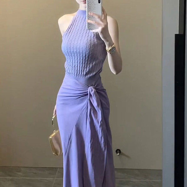 女性のための塩系ライトマチュアスタイルパープルスーツ2025新しい夏服ベストとスカートの2点セットの完全なセット|undefined