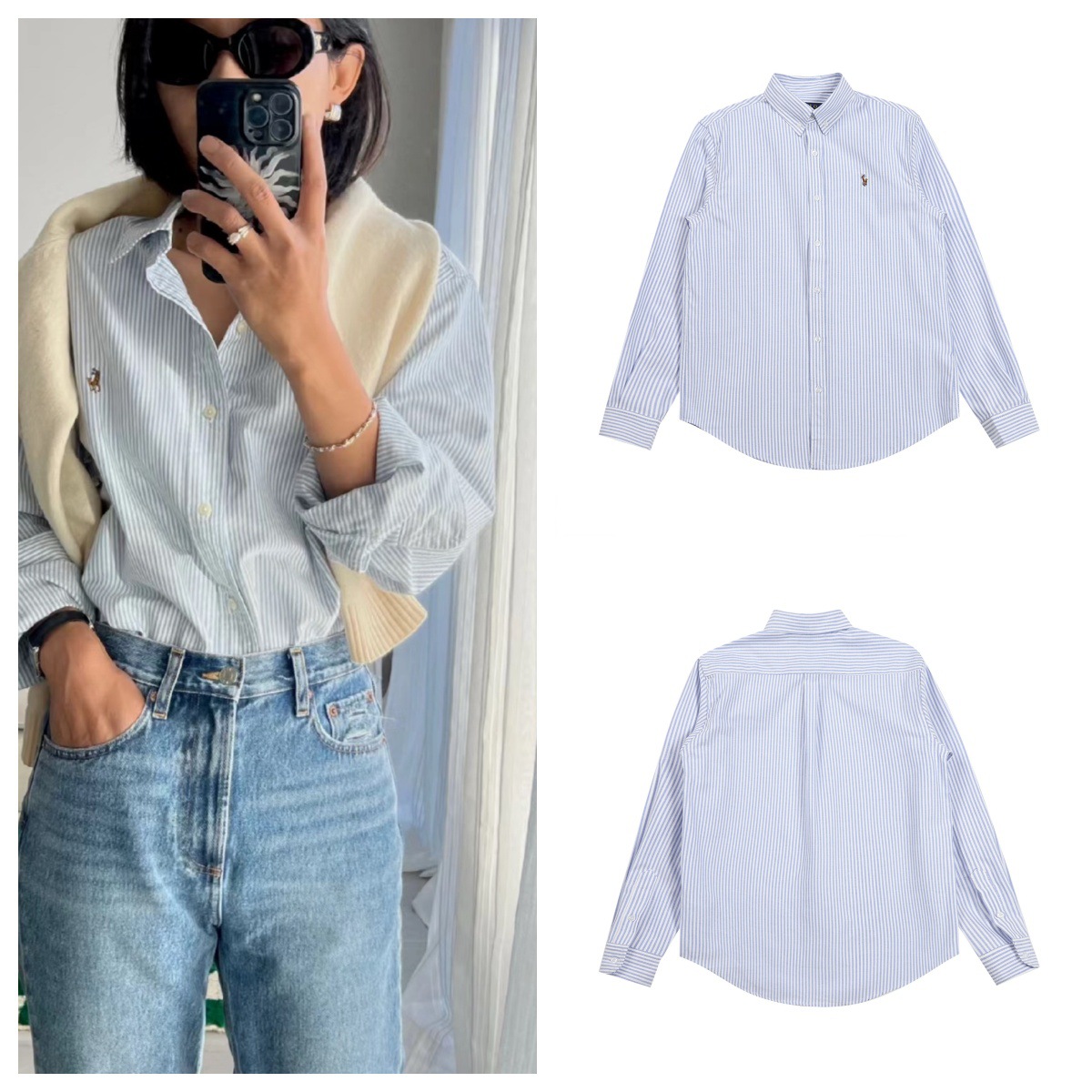 RL Raff Early Autumn Striped Shirt Color Pony Embroidered Men's and Women's Top Casual All-match Oxford Cotton Shirt