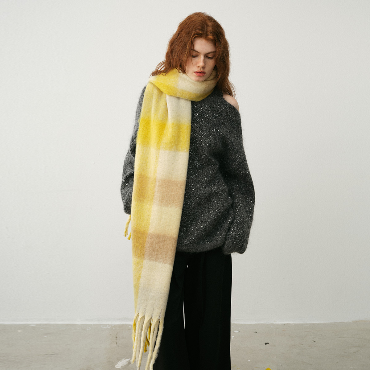 Classic cotton candy rainbow check cashmere scarf Women's Winter soft extended patchwork check bib shawl_voghion.com