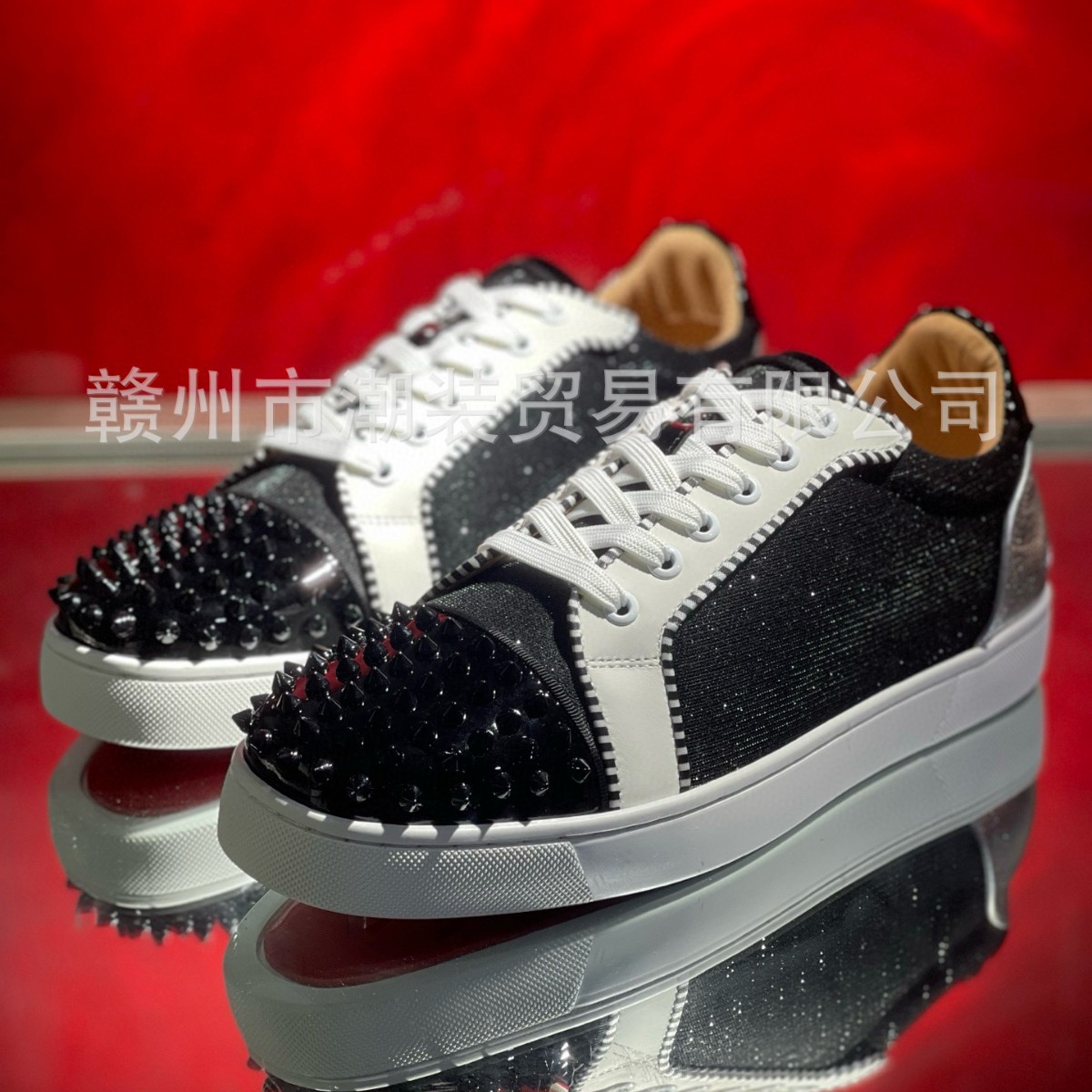 cl andgz黑色拉丝鞋头钉低帮红底鞋男鞋铆钉运动休闲板鞋平底女鞋