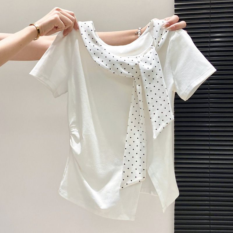 Polka Dot Tie-Neck Short-Sleeved T-Shirt for Women 2026 Summer New Style Sweet Slimming Fashionable Stylish T-Shirt for Women Summer A11036 Polka Dot Tie-Neck Short-Sleeved T-Shirt for Women 2026 Summer New Style Sweet Slimming Fashionable Stylish T-Shirt for Women Summer A11036