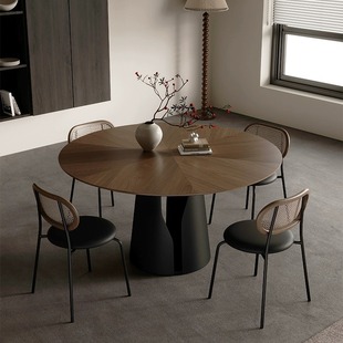 Customized Simple and Luxurious Table and Chair Set, Foshan Antique-Style Solid Wood Round Dining Table in Walnut Color, Suitable for Small Apartments, Cross-Border Online Sale