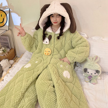 冬季卡通三层加厚夹棉睡衣女睡袍长款两件套珊瑚绒连帽棉袄家居服