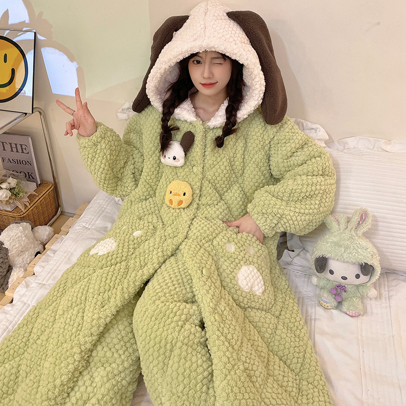 冬季卡通三层加厚夹棉睡衣女睡袍长款两件套珊瑚绒连帽棉袄家居服