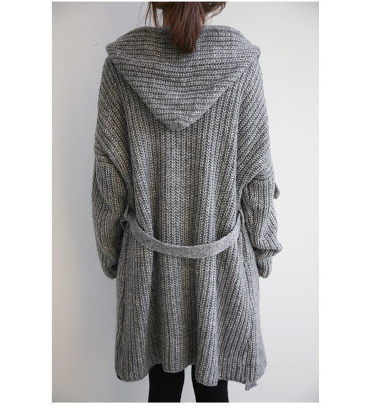 Damen-Cardigan mit Kapuze und Gürtel, locker, mittellang, grob gestrickt_voghion.com