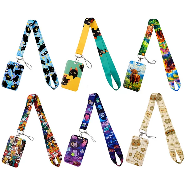Cartoon Black Cat Yak Phone Lanyard Card Holder Bus Card Student Card Work Id Card Holder Hard Shell Key Lanyard