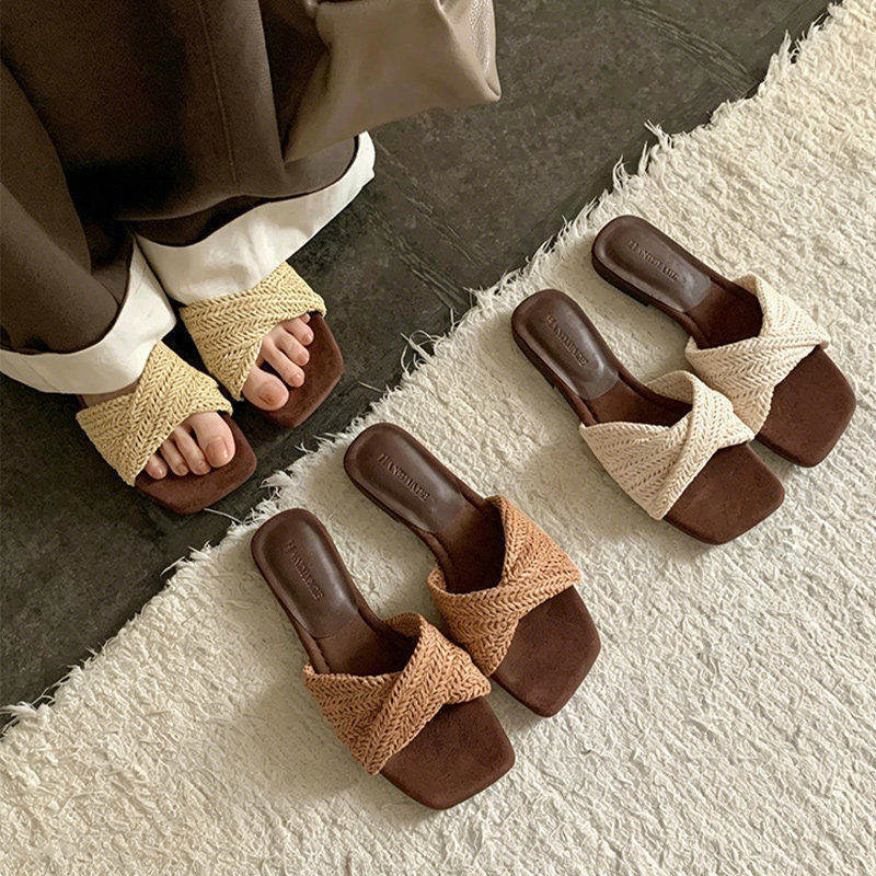Official Genuine Square-Toe Flat Sandals for Women, Summer 2026 New Style, Outdoor Woven Breathable Slip-On Sandals Official Genuine Square-Toe Flat Sandals for Women, Summer 2026 New Style, Outdoor Woven Breathable Slip-On Sandals