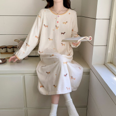 喔密哒冬季加厚珊瑚绒保暖绒睡衣女甜美柔软法兰绒睡裙家居服外穿