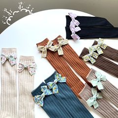 兒童襪碎花格子蝴蝶結公主風 中長筒小腿雙針襪保暖無跟ins潮