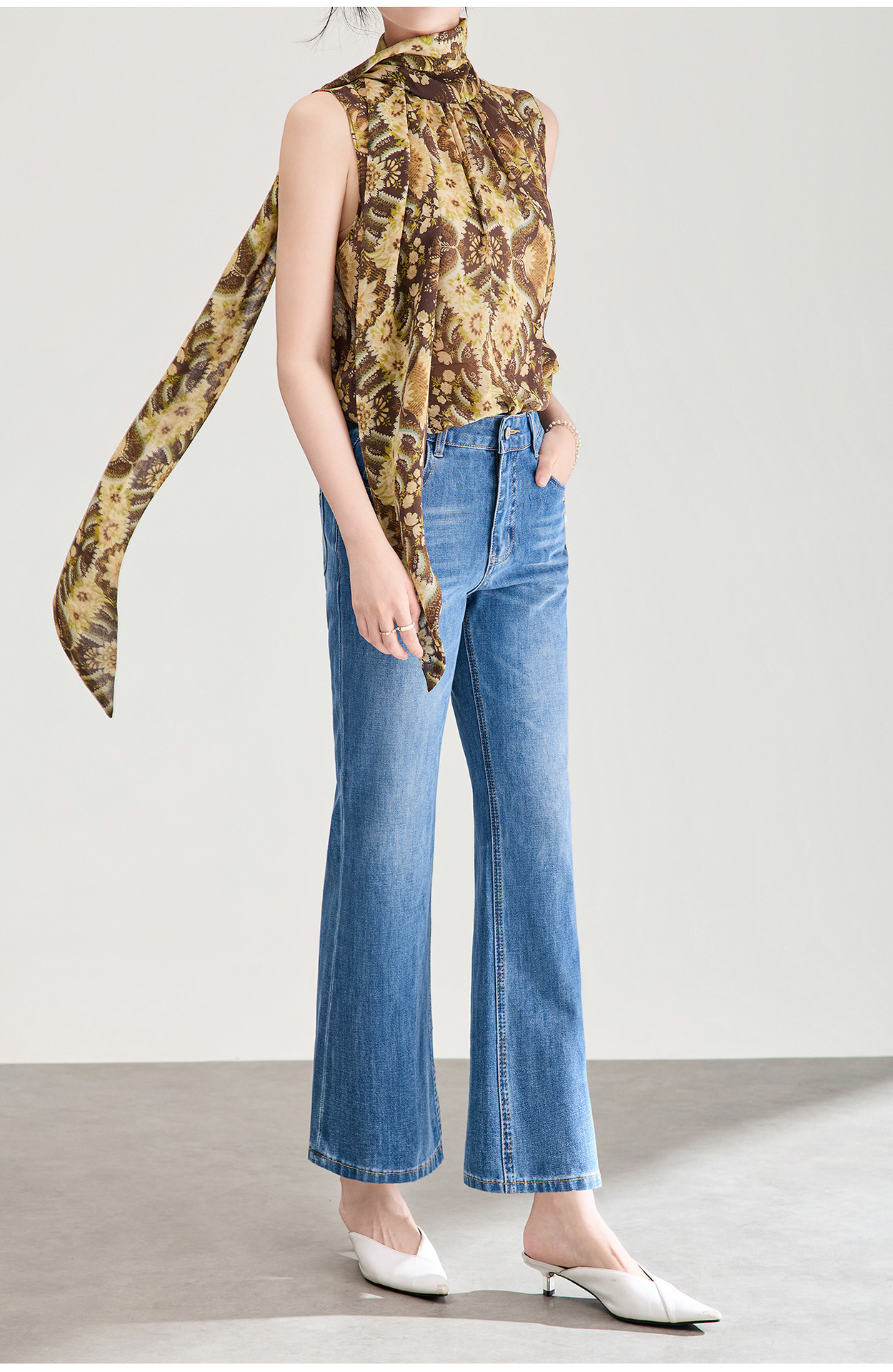 Quần jean nữ cạp cao ống suông vải cotton co giãn mềm mại — xanh lam chi tiết 7