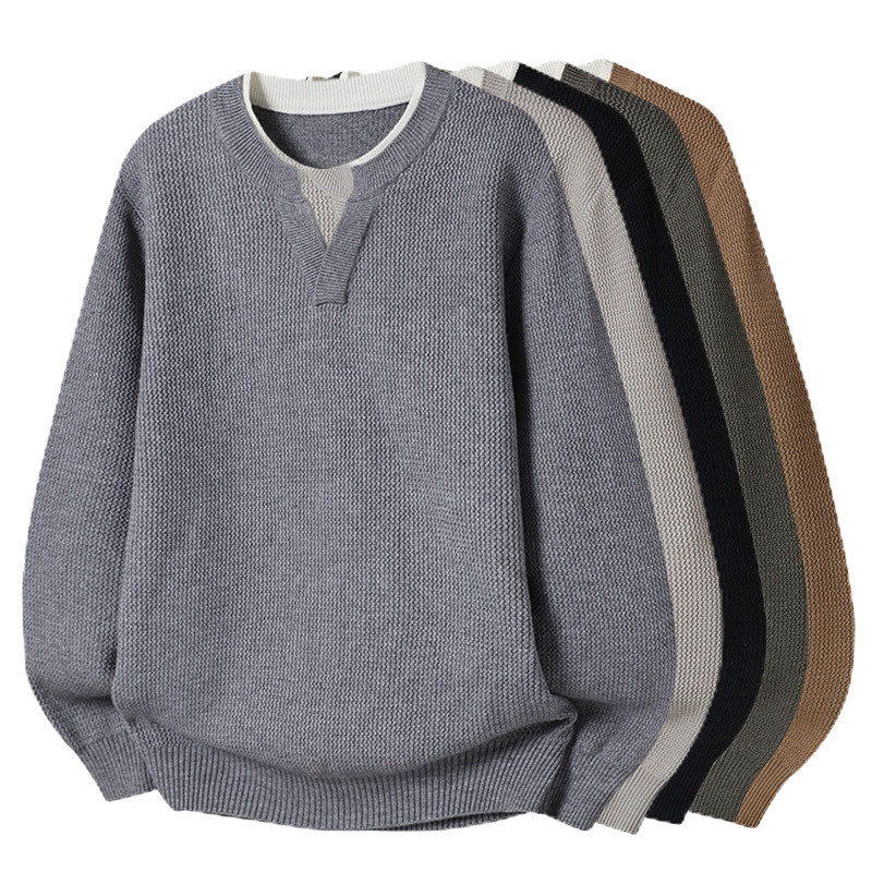 Explosiones transfronterizas de tamaño grande europeo falso dos piezas de camisetas de punto de cuello en V suéter masculino empalmado suéter de invierno y otoño fábrica de tendencia mayorista