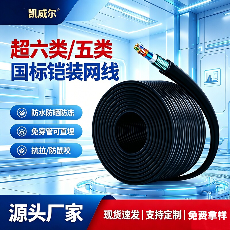 Customized Cat6 Armored Network Cable, Flame-Retardant Oxygen-Free Copper, Single-Shielded, Outdoor Waterproof, Rodent-Resistant Engineering Network Cable