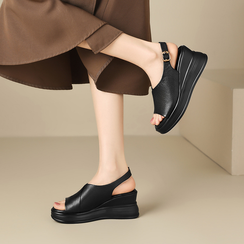 Sandal đế xuồng da bò thật ZHR tăng chiều cao, quai ngang, phong cách thanh lịch — JE20 màu be