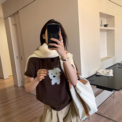 Hers一勺甜秋季韩系简约小狗图案百搭显瘦减龄圆领短袖T恤女92268