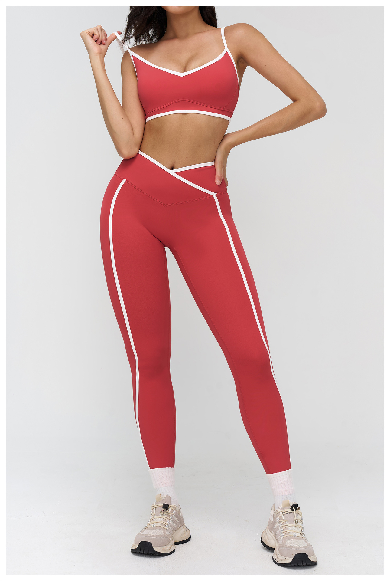 Nude Color Block Yoga Set For Women Tight Fitting Casual Sportswear Outdoor Running Fitness Clothes 9528_ecoleips.com