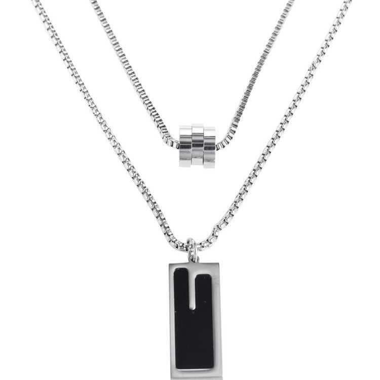 Fashionable Sophisticated Long With Three Rings And Double-layered Square Pendant, Unisex Titanium Steel Necklace That_voghion.com