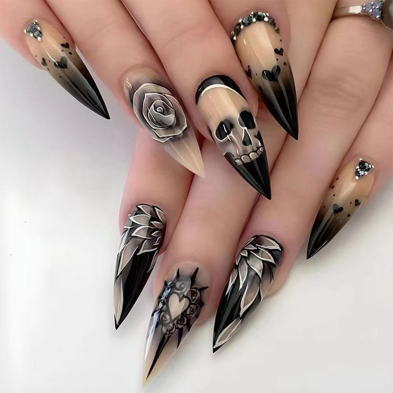 Halloween Wear Armor Diablo Punk Skull Rose Rhinestone Removable Fake Nail Nail Nail Nail Nails