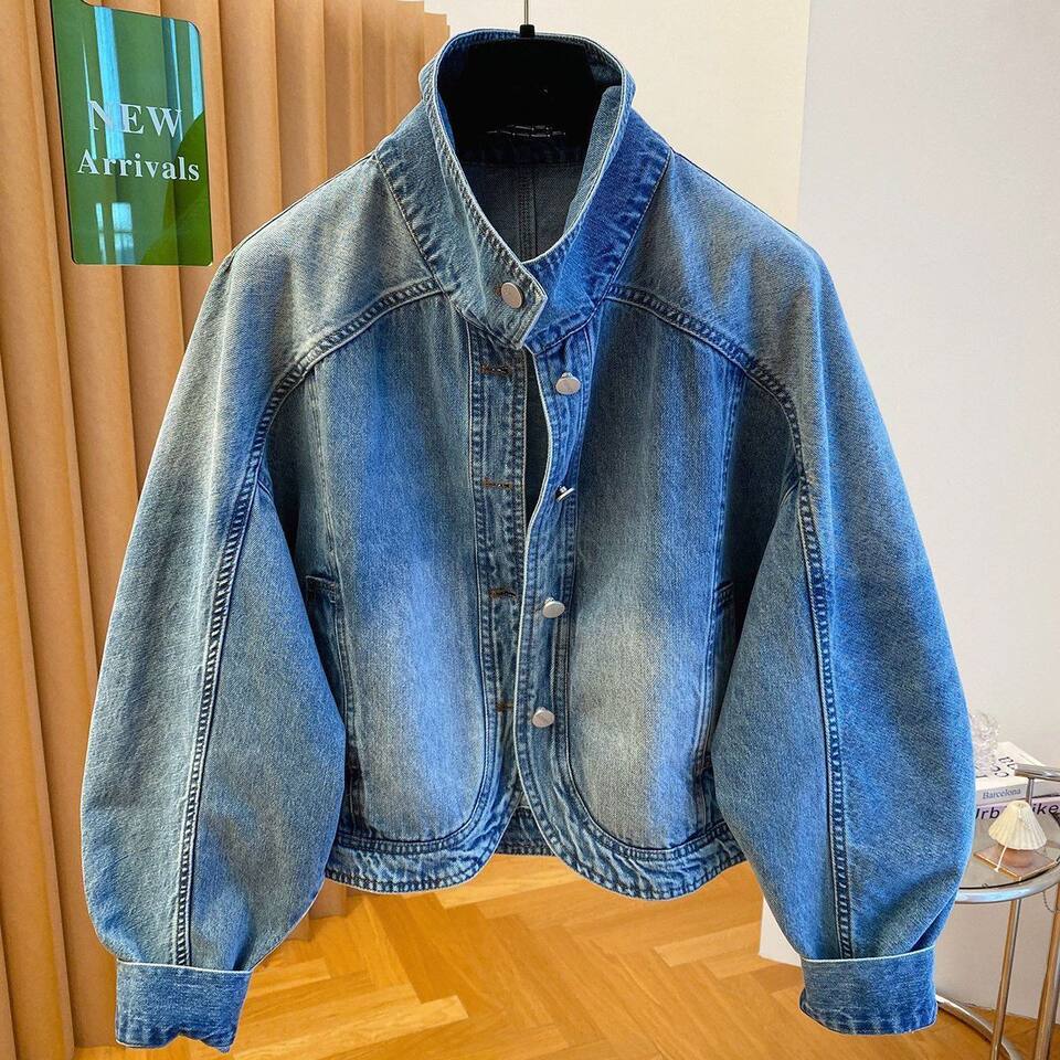 Áo khoác denim nữ dáng rộng cổ bẻ phong cách retro, tay dài, mùa thu — Màu xanh dương chi tiết 3
