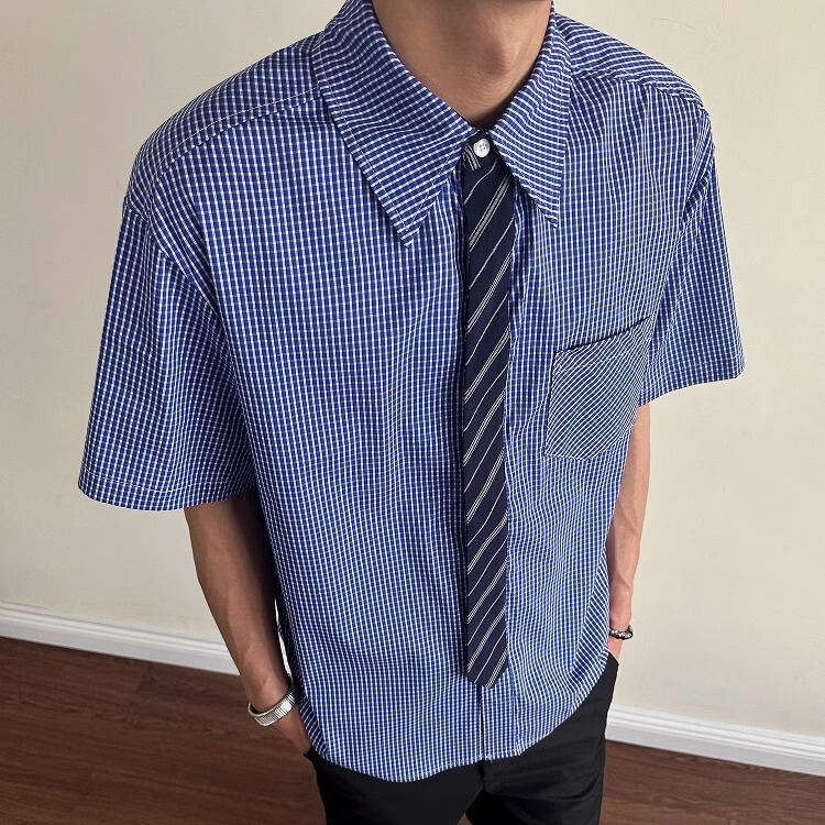 Korean Style Vintage Tie Stitching Houndstooth Short-sleeved Shirt Men's Summer Old Money Style Design Sense Commuting Inner Shirt