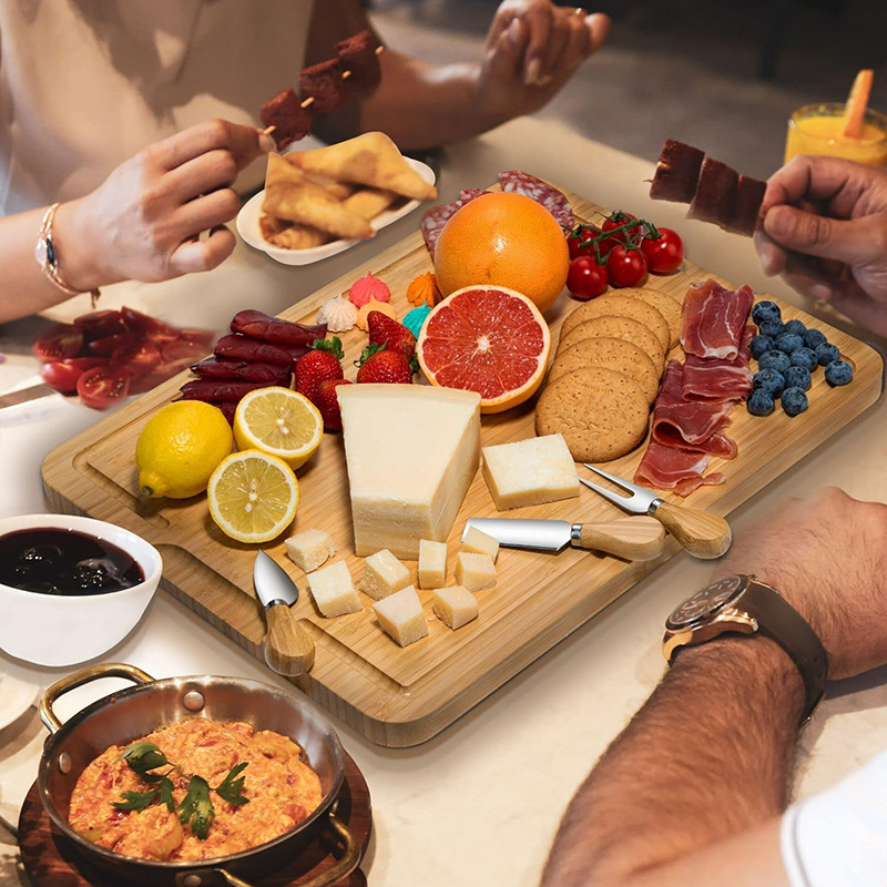 Tabla de queso de bambú multifuncional hogar tabla de cortar creativa tabla de cortar con cuchillo y tenedor plato de aperitivos de frutas para fiesta