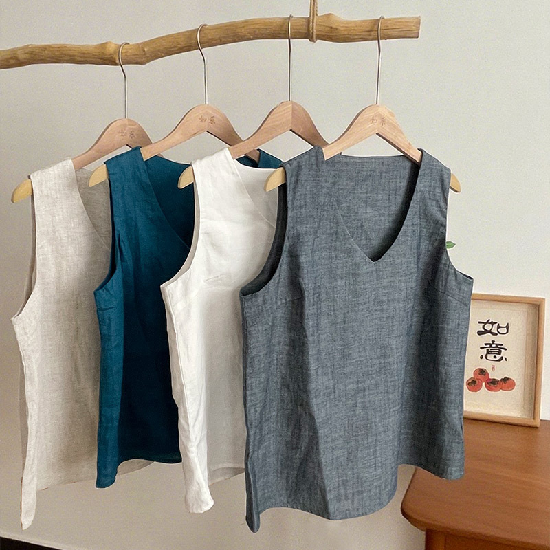 Yarn-Dyed Linen Vest with V-Neck, Wide Shoulder Straps, Double-Layered Vest, Versatile and Slimming, New Summer Top 5058