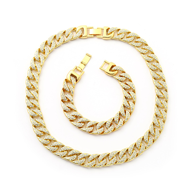 Hip hop trendsetter Cuban diamond bracelet 14mm fat chain men and women hiphop gold-plated necklace_voghion.com