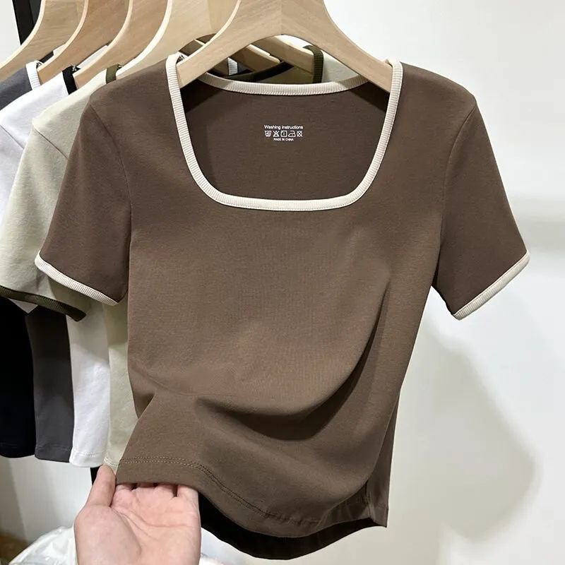 Plus Size Women's Korean Style U-Neck Right Shoulder Stripesd Short-Sleeved T-Shirt for Women in Summer Fat Girls Versatile Belly-Covering Short Top