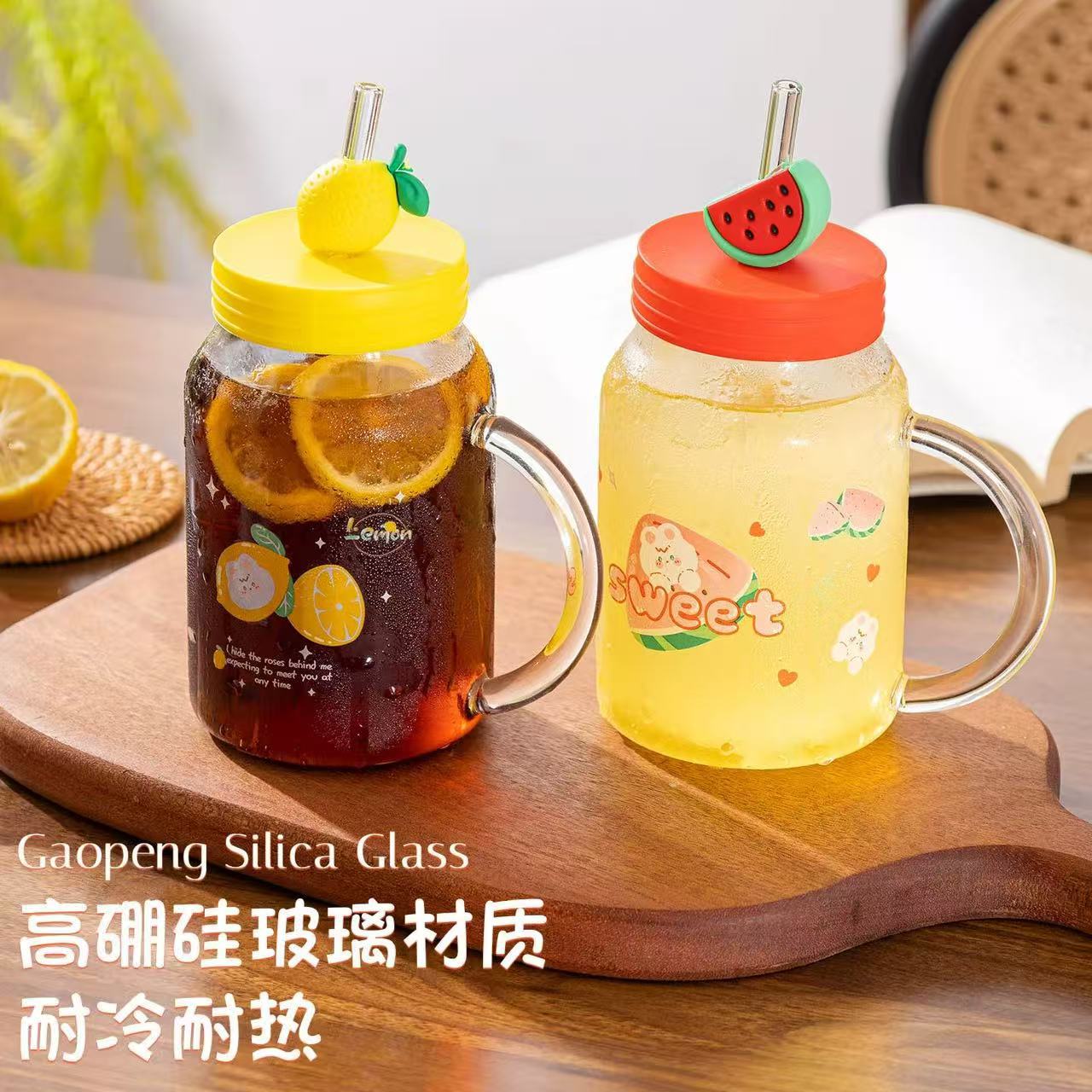 2025新款卡通高颜值玻璃杯水杯大容量吸管杯学生家用水果果汁杯