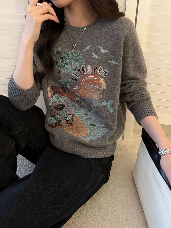2025女装毛衣重工椰树海摊刺绣洋气减龄全羊毛圆领套头针织衫上衣|undefined