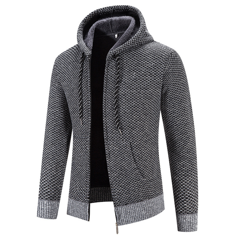 Men's Knit Cardigan with Fleece Lining, Thickened Hooded Slim-Fit Sweater, Men's Fashion