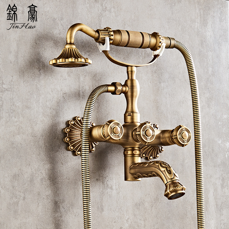 Copper retro simple shower European-style carved bathtub shower hot and cold mixing valve bathroom handheld small shower suit