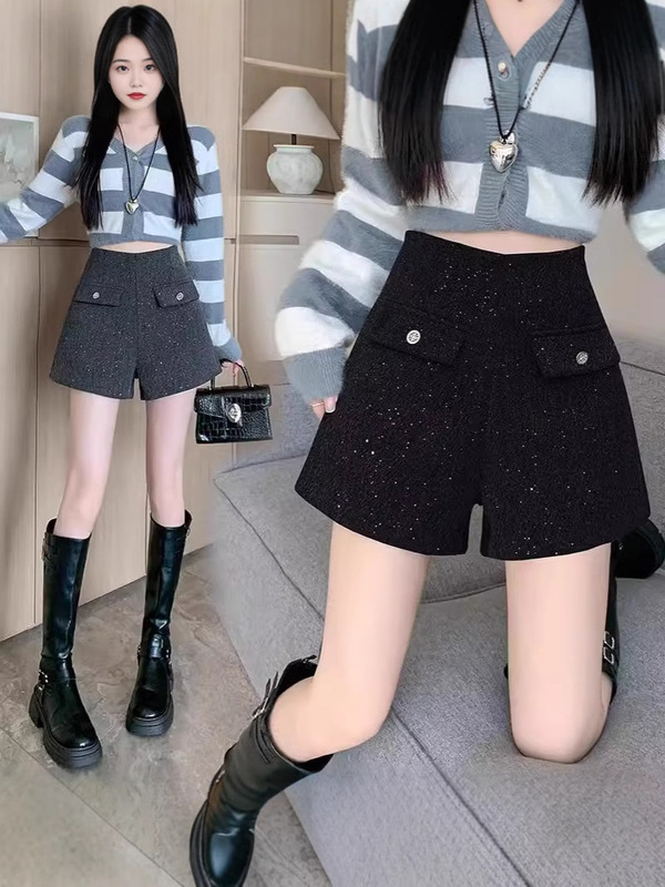 Korean Style Heavy Industry Sequin Woolen Shorts Women's Spring and Summer 2025 New High Waist A- Shown Wide Leg Pants Casual Outer Wear Boots Pants Korean Style Heavy Industry Sequin Woolen Shorts Women's Spring and Summer 2025 New High Waist A- Shown Wide Leg Pants Casual Outer Wear Boots Pants