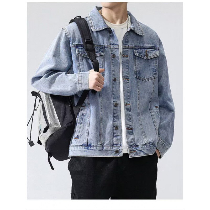 New Autumn Denim Jacket for Men, Trendy Japanese Retro Loose Fit American Washed High Street Casual Jacket, Plus Size