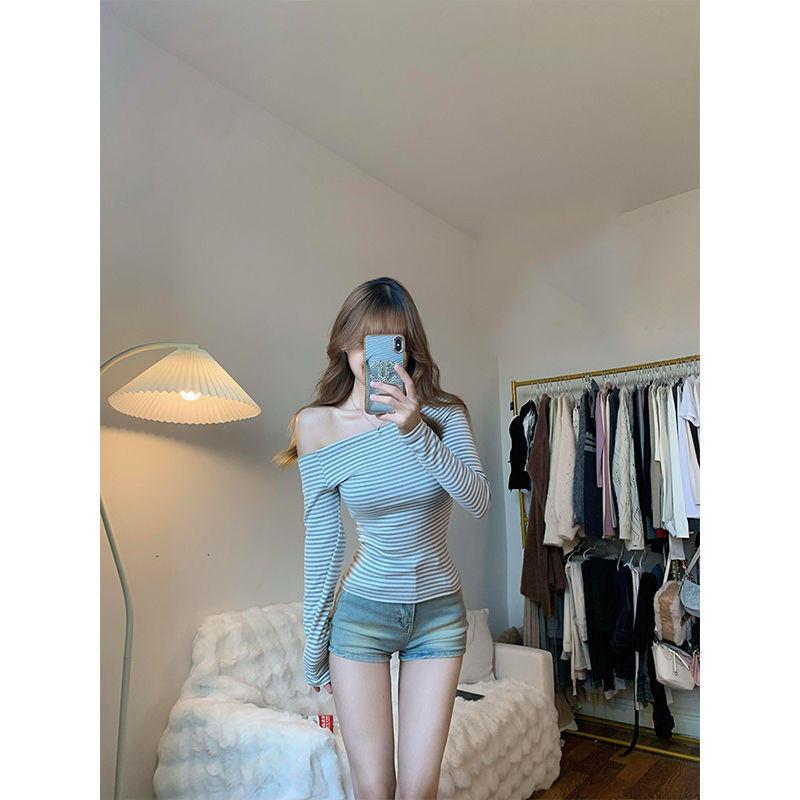 纯欲显瘦撞色辣妹条纹秋季长袖T恤女一字肩修身上衣秋冬法式露肩|undefined