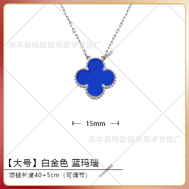 Large four-leaf clover necklace white gold blue agate