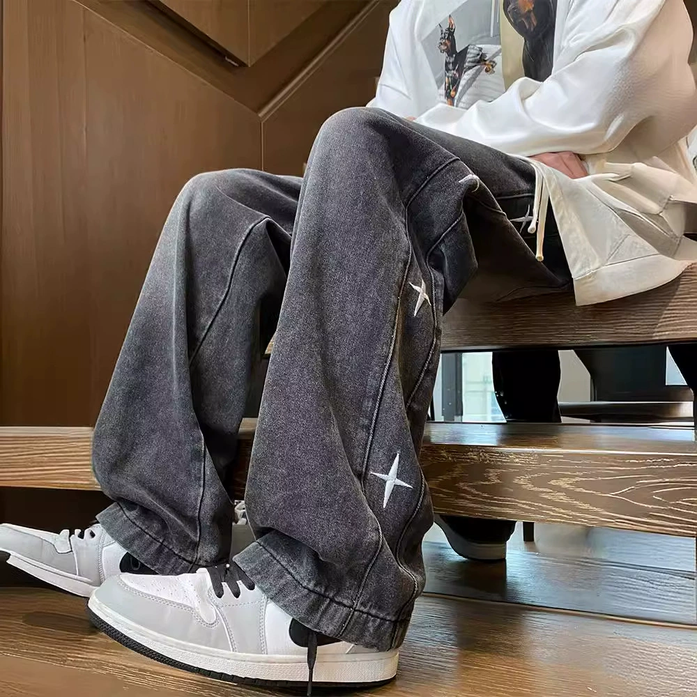 Американские высокие улицы hiphop звезды вышитые джинсы мужские весной и осенью летом тонкие свободные прямые брюки для мальчиков